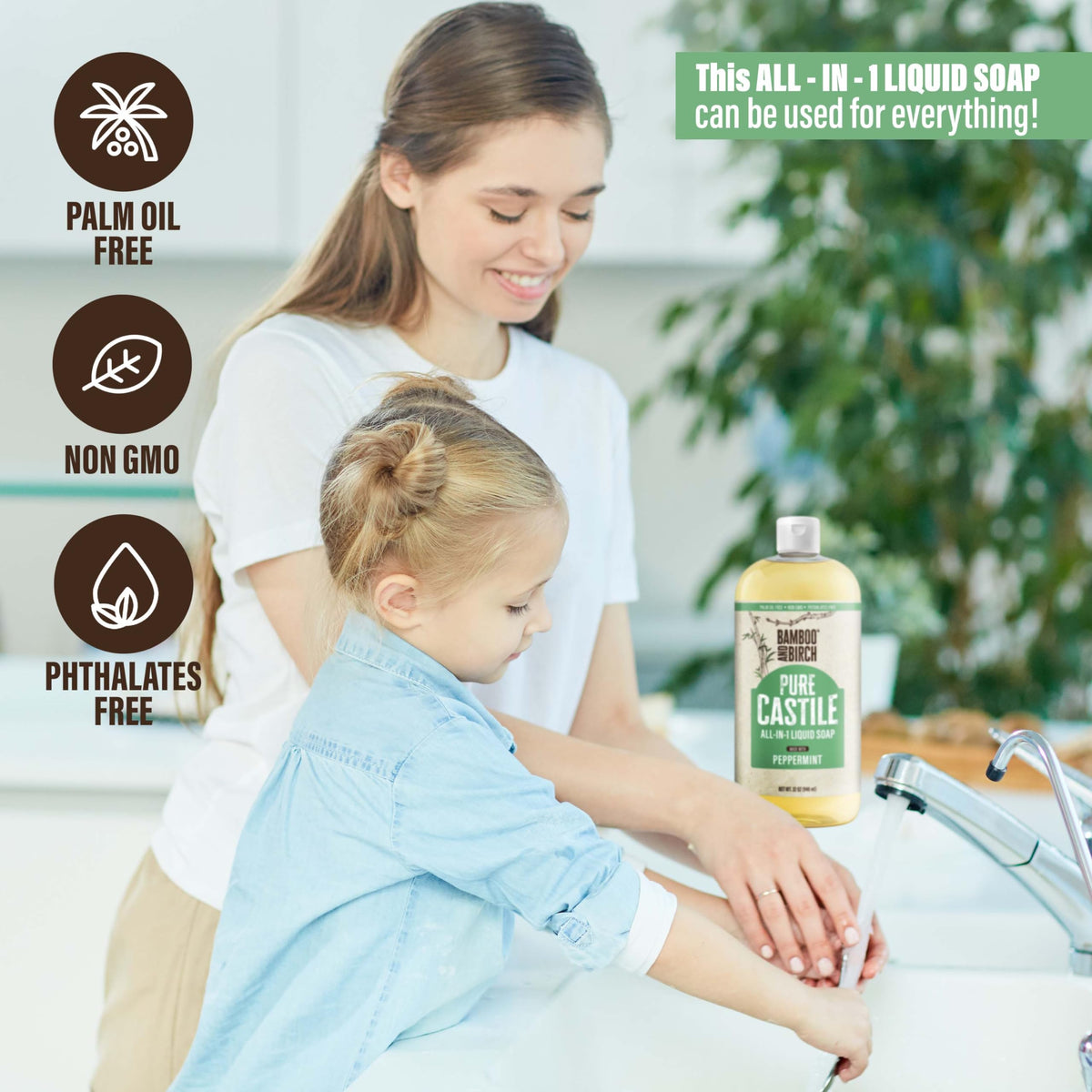 Bamboo and Birch Pure Castile Soap Liquid soft lather for sensitive skin.