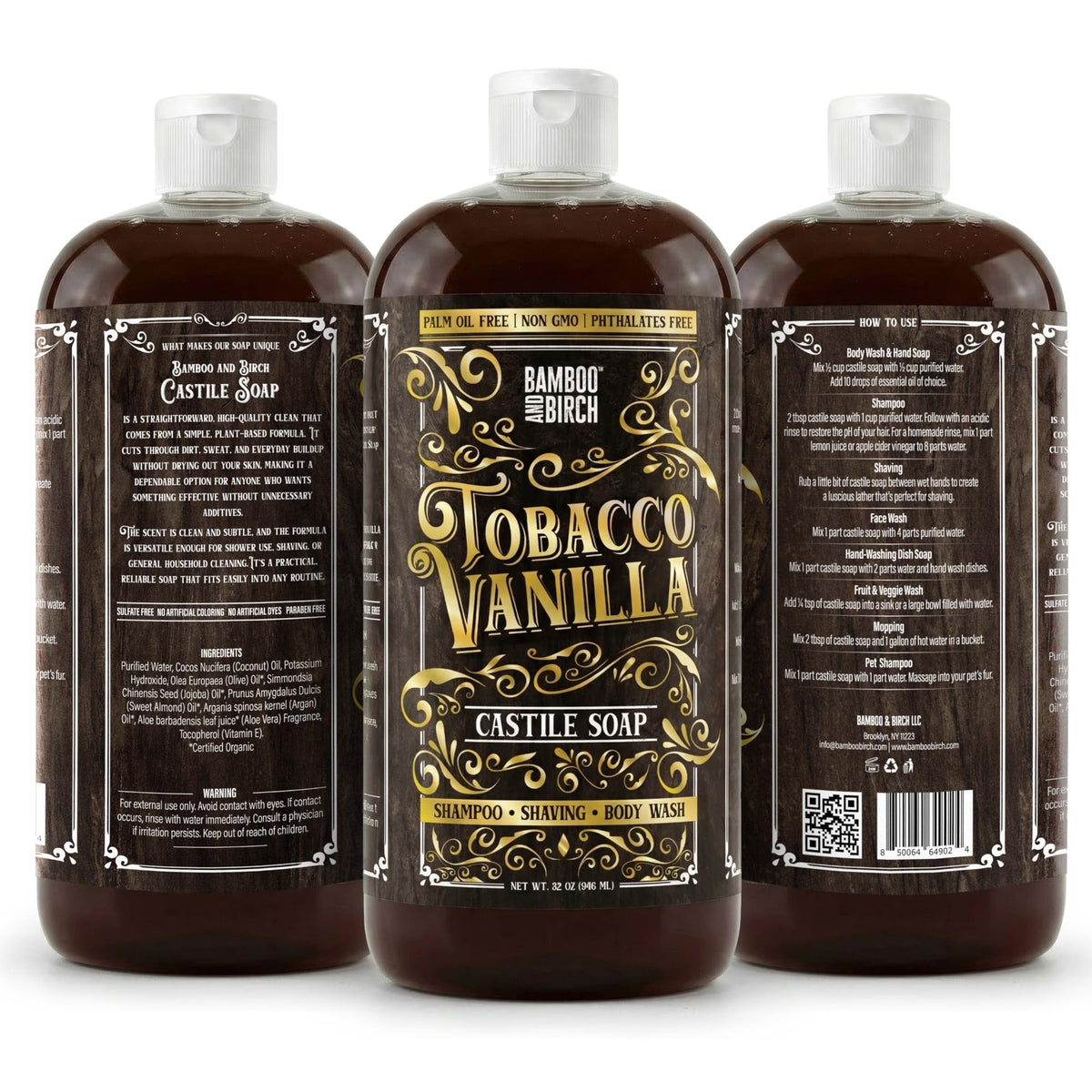 Bamboo and Birch Pure Castile Soap Liquid label closeup shows natural ingredients