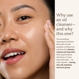 Close-up of the cleansing oil label highlighting clean ingredients and natural oils for healthy skin.
