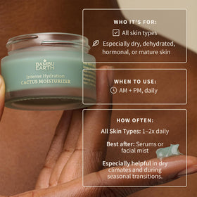 BAMBU EARTH Intense Hydration cactus face moisturizer being applied as part of a skincare routine.