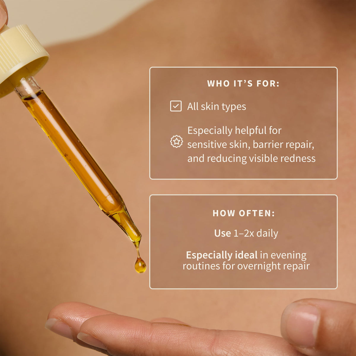 Dropper application of Bambu Earth Rosehip Repairing Serum for precise dosing