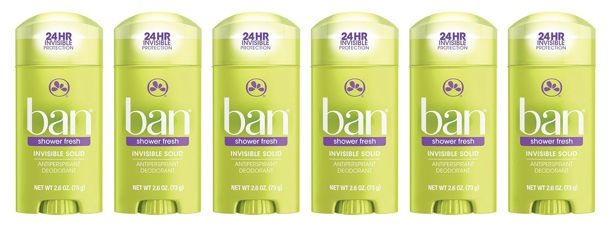Ban Invisible Solid Shower Fresh 6-pack provides 24-hour odor protection.