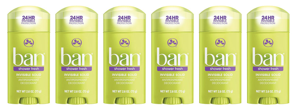 Ban Invisible Solid Shower Fresh 6-pack provides 24-hour odor protection.