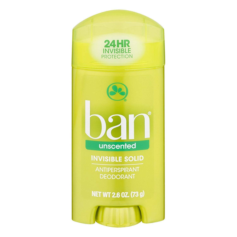 Ban invisible solid unscented anti-perspirant pack shown for all-day odor and wetness protection.