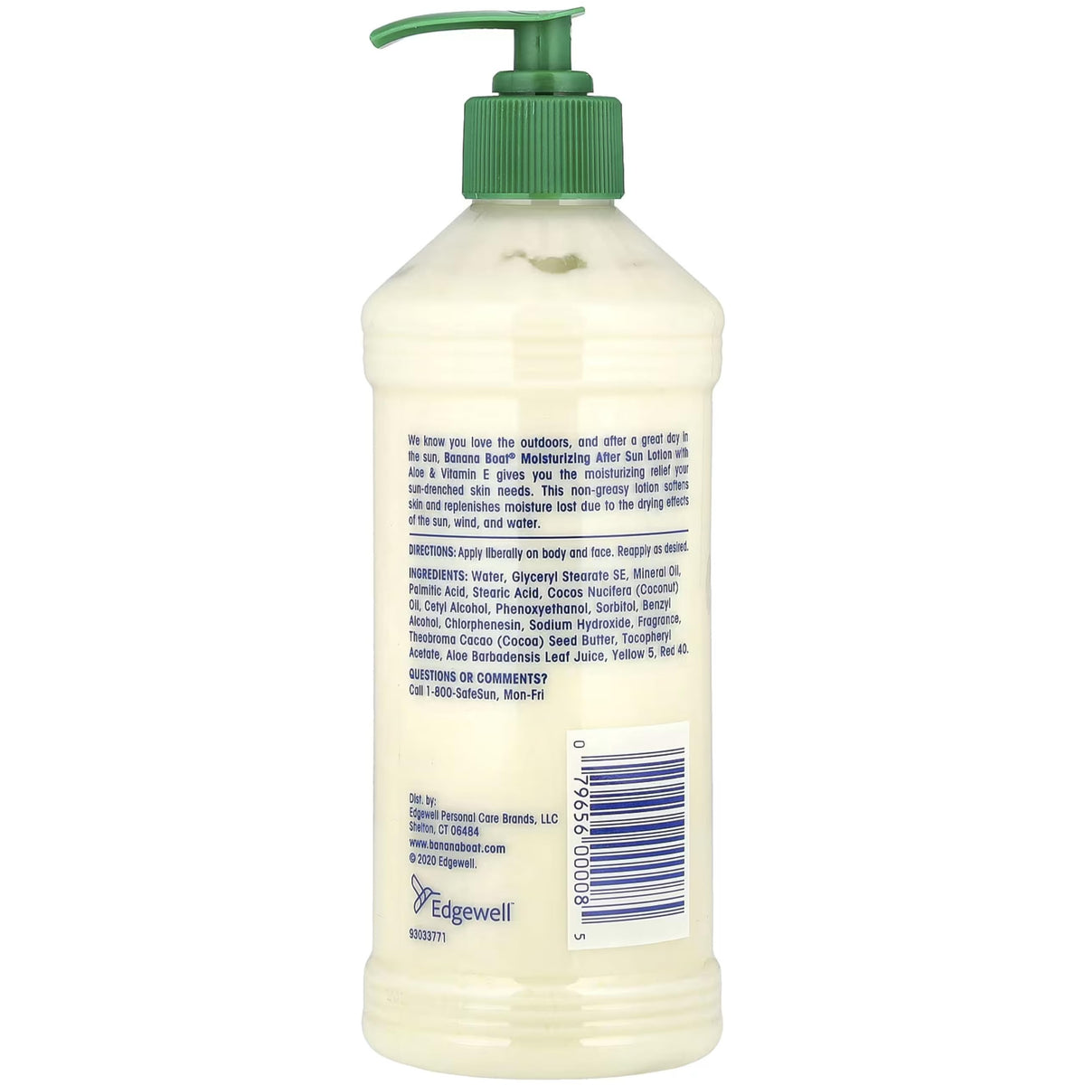 Banana Boat Aloe and Vitamin E ingredients panel emphasizes soothing care.