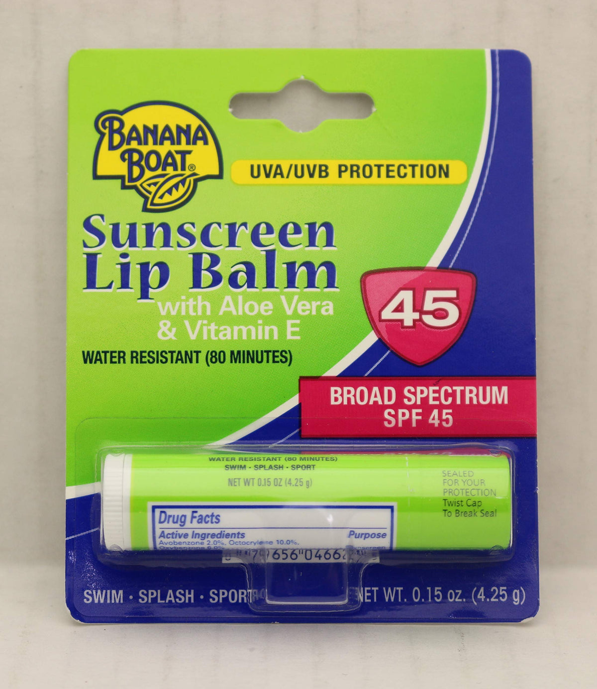 Compact Banana Boat Aloe Vera Lip Balm SPF 45 packaging for everyday sun protection.