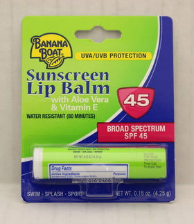 Compact Banana Boat Aloe Vera Lip Balm SPF 45 packaging for everyday sun protection.