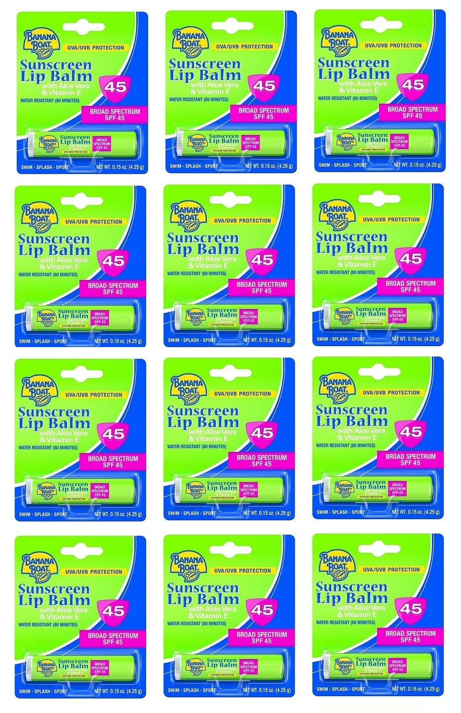 Banana Boat Aloe Vera Lip Balm SPF 45 tube provides hydration and sun protection.