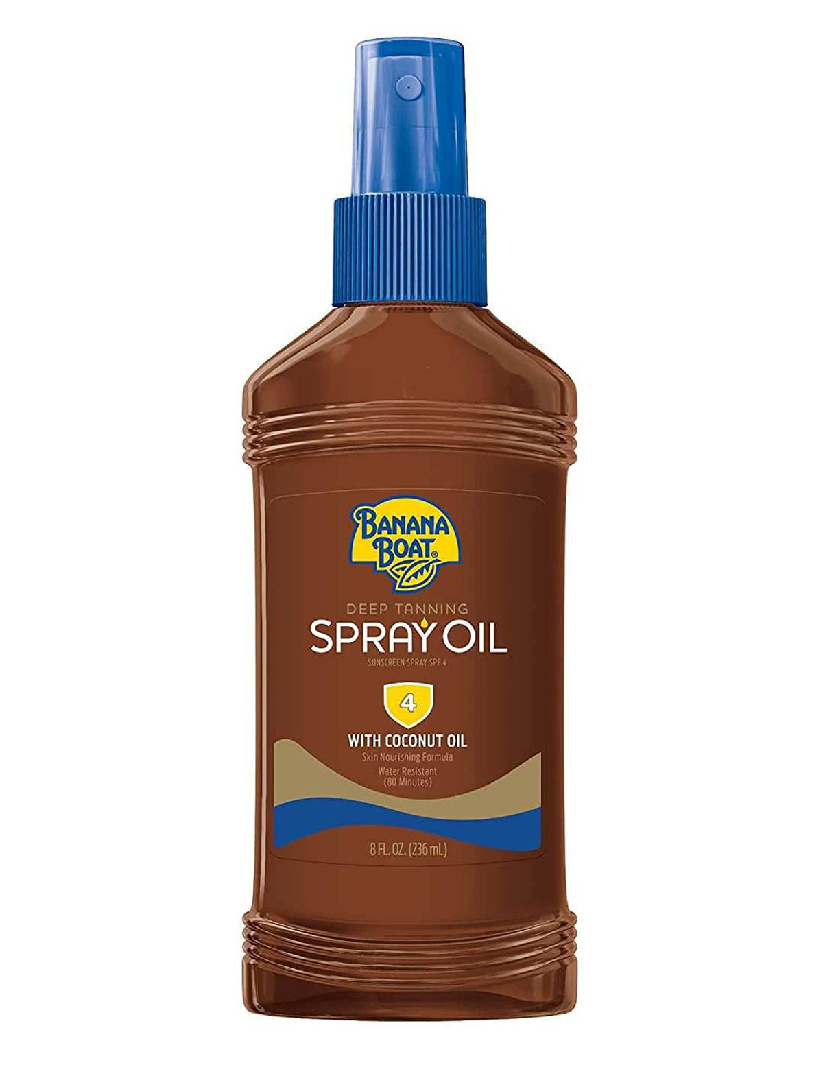 Banana Boat SPF4 spray oil being applied for even coverage.