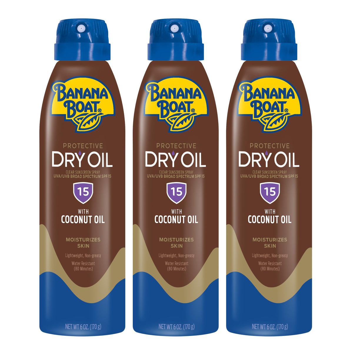 Banana Boat protective tanning dry oil clear spray in hand for quick, even application