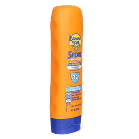 Banana Boat Sport SPF 30 label detail highlights broad spectrum protection.