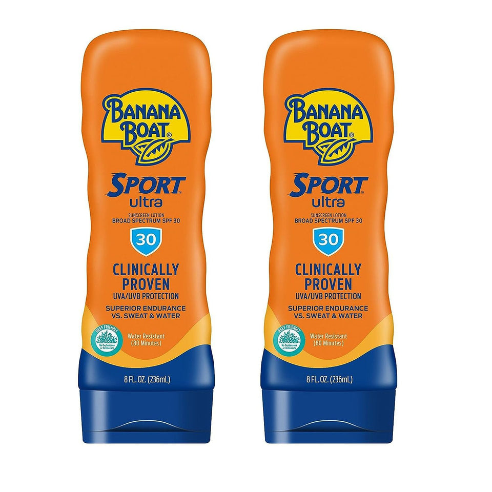 Banana Boat Sport SPF 30 bottle front view for easy outdoor application.