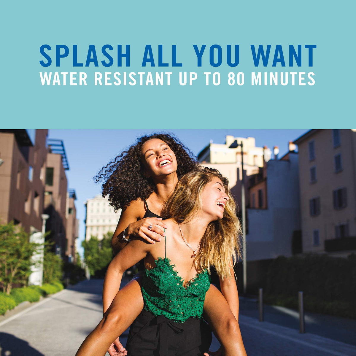 Banana Boat spray showcasing water resistance up to 80 minutes in outdoor setting
