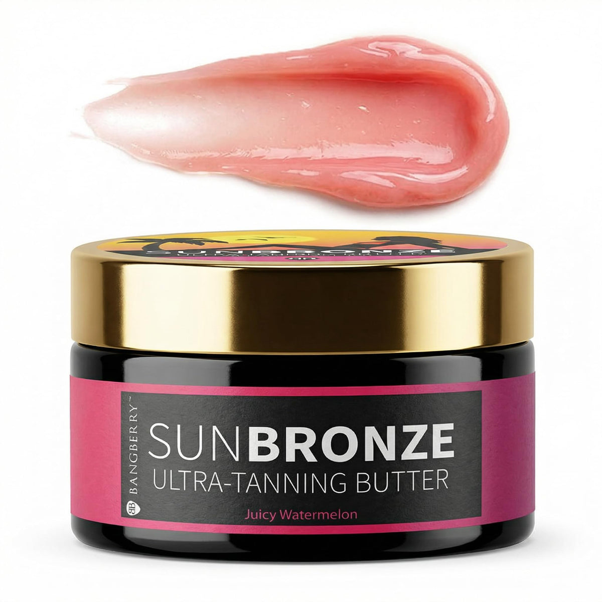Bangberry Sun Bronze Butter front label shows juicy watermelon scent for a tropical tan