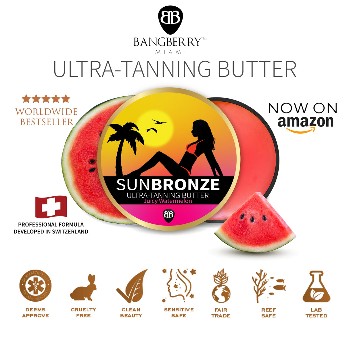 Bangberry Sun Bronze Butter juicy watermelon scent enhances outdoor tanning mood