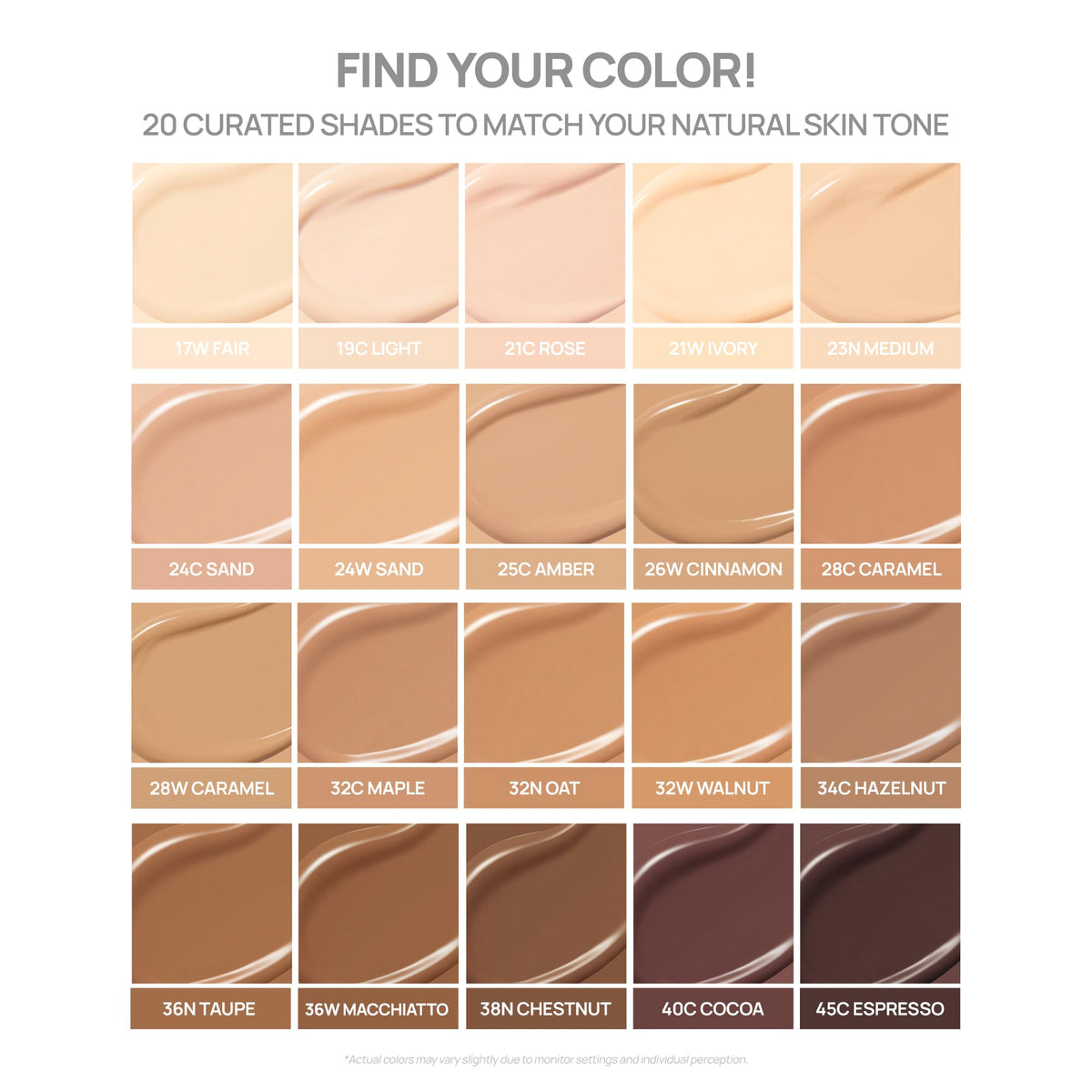 Swatches of BANILA CO Covericious Ultimate Cushion in 20 inclusive shades.
