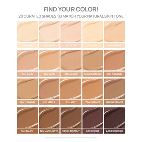 Swatches of BANILA CO Covericious Ultimate Cushion in 20 inclusive shades.