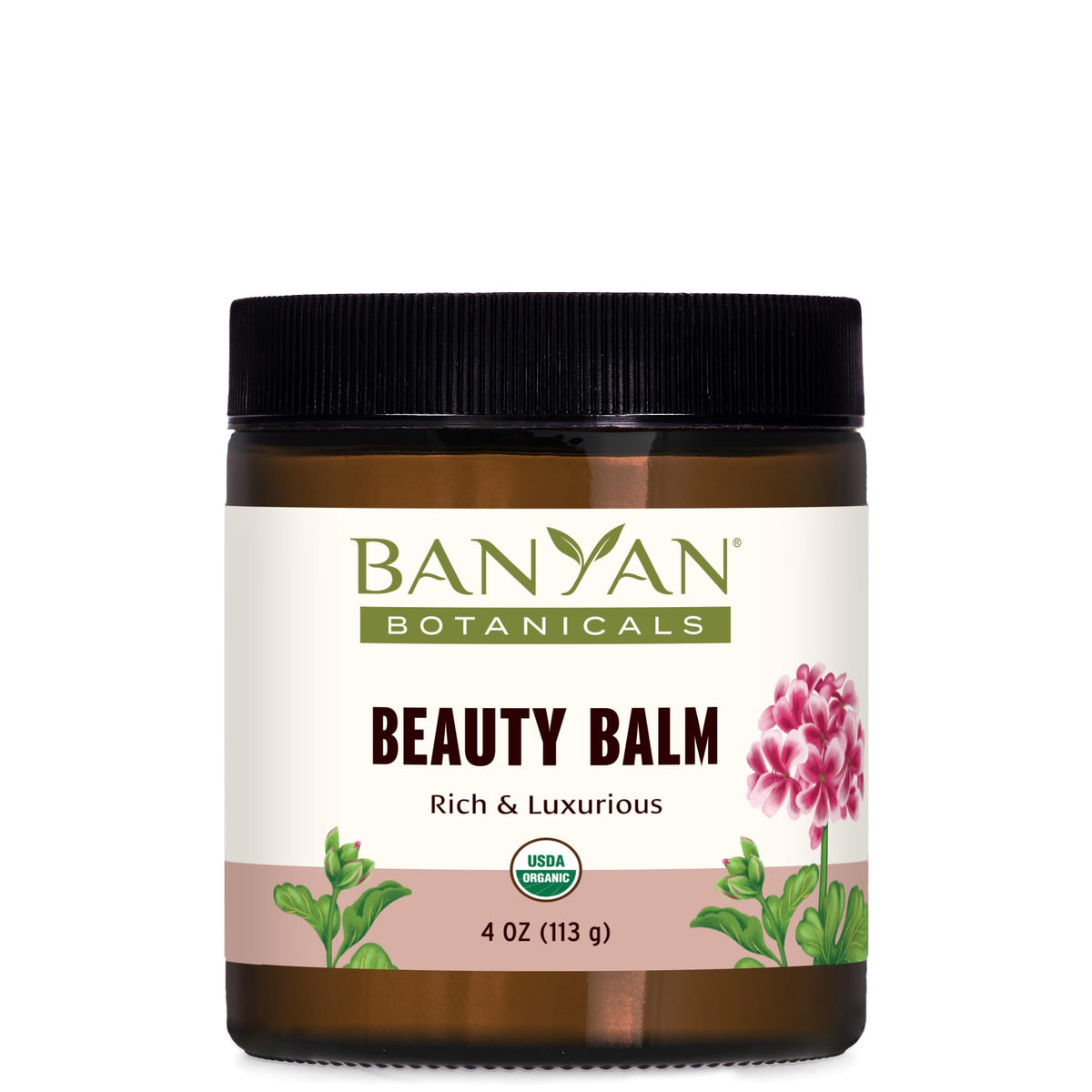 Banyan Botanicals Beauty Balm jar closeup shows rich, hydrating texture for dry skin.