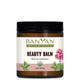 Banyan Botanicals Beauty Balm jar closeup shows rich, hydrating texture for dry skin.