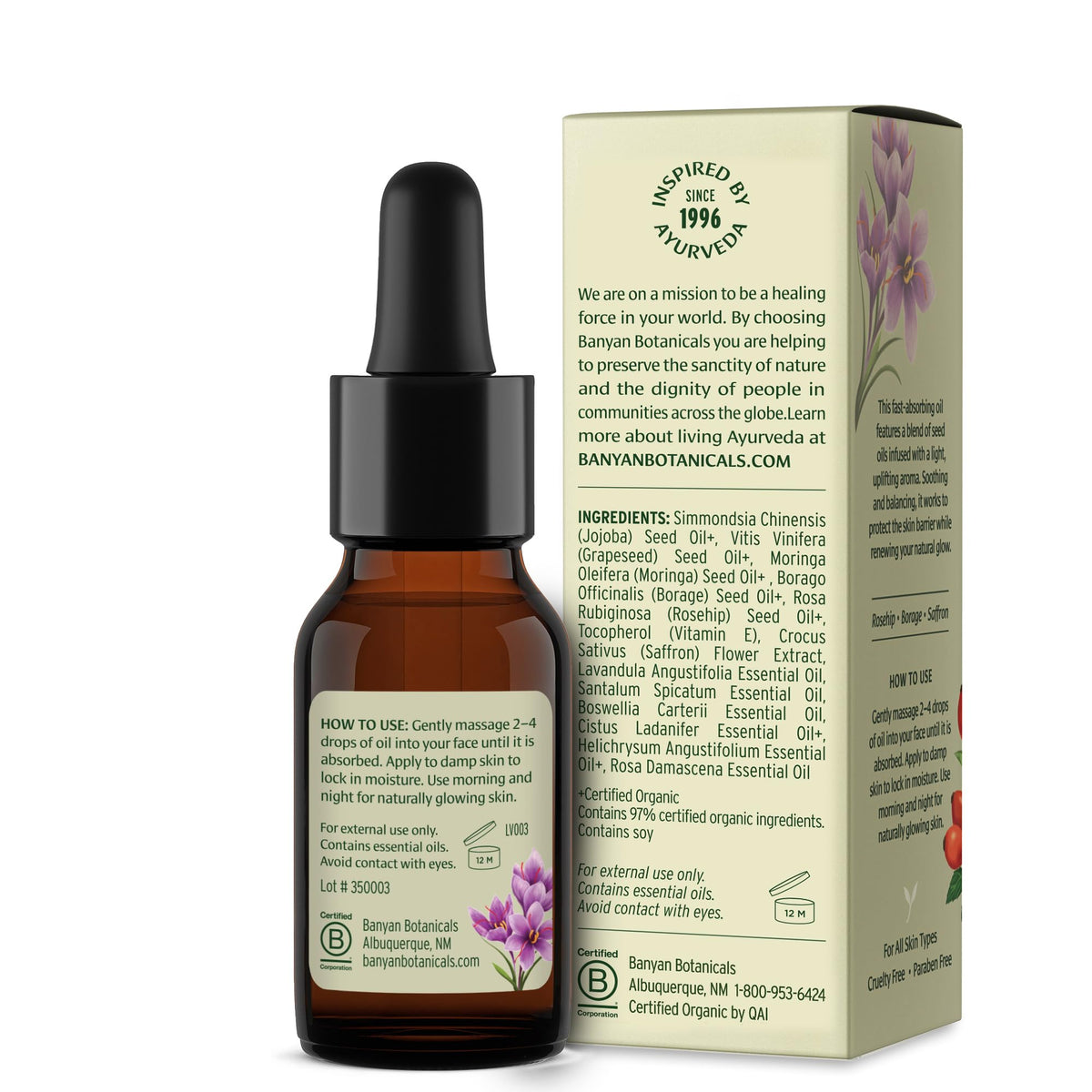 Banyan Botanicals Face Oil dropper close-up for quick absorption.