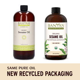 Banyan Botanicals sesame oil pour ready for warm, soothing massage rituals.