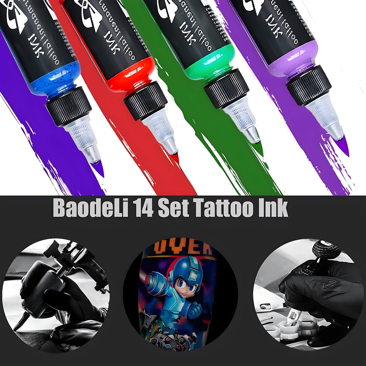 BAODELI 14-color ink swatches showcase vibrant pigments for bold skin art.