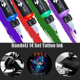 BAODELI 14-color ink swatches showcase vibrant pigments for bold skin art.