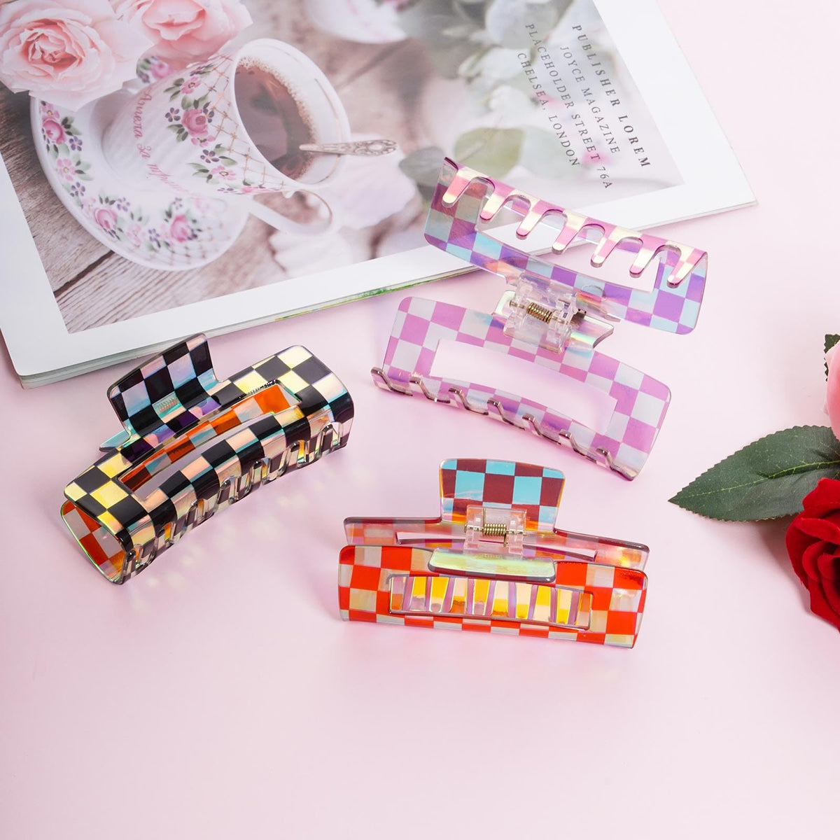 Baotongle checkered hair clip green adds color and secure styling.