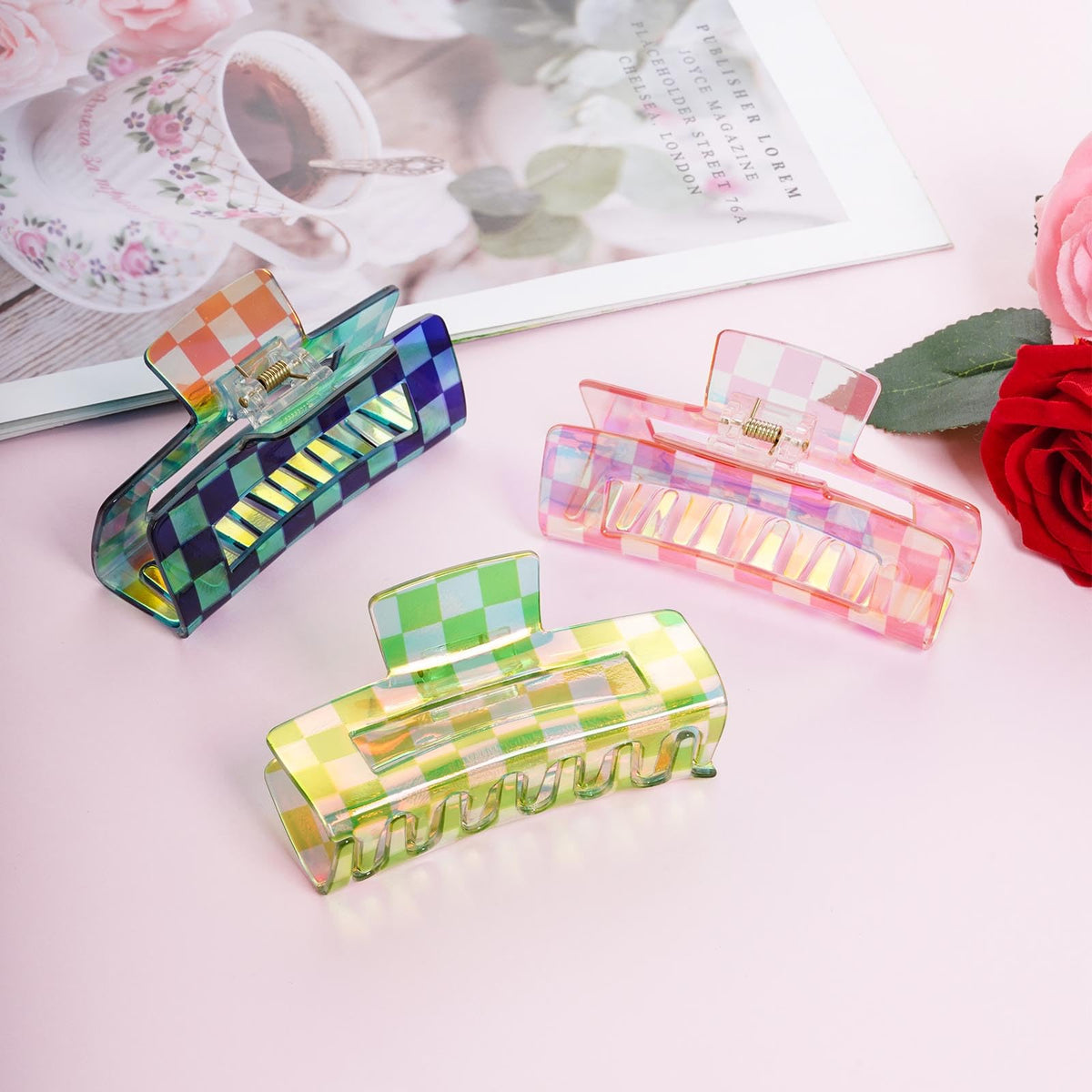 Baotongle checkered hair clip purple complements casual looks with dependable hold.