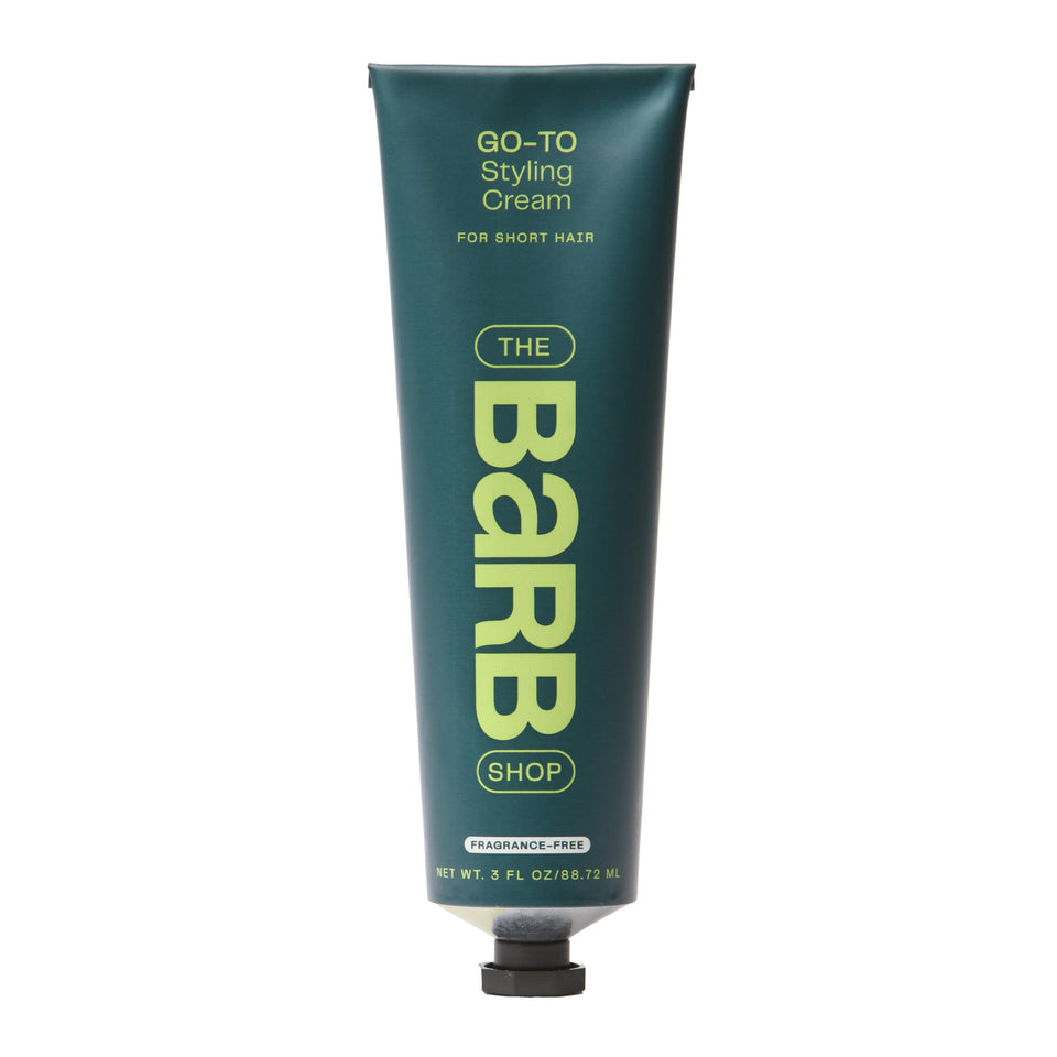 The Barb Shop Barb Styling Cream bottle with fragrance-free, lightweight hold.
