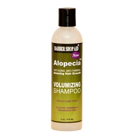 Barber Shop Aid Alopecia Volumizing Shampoo 8oz bottle promotes fuller-looking hair and scalp vitality.