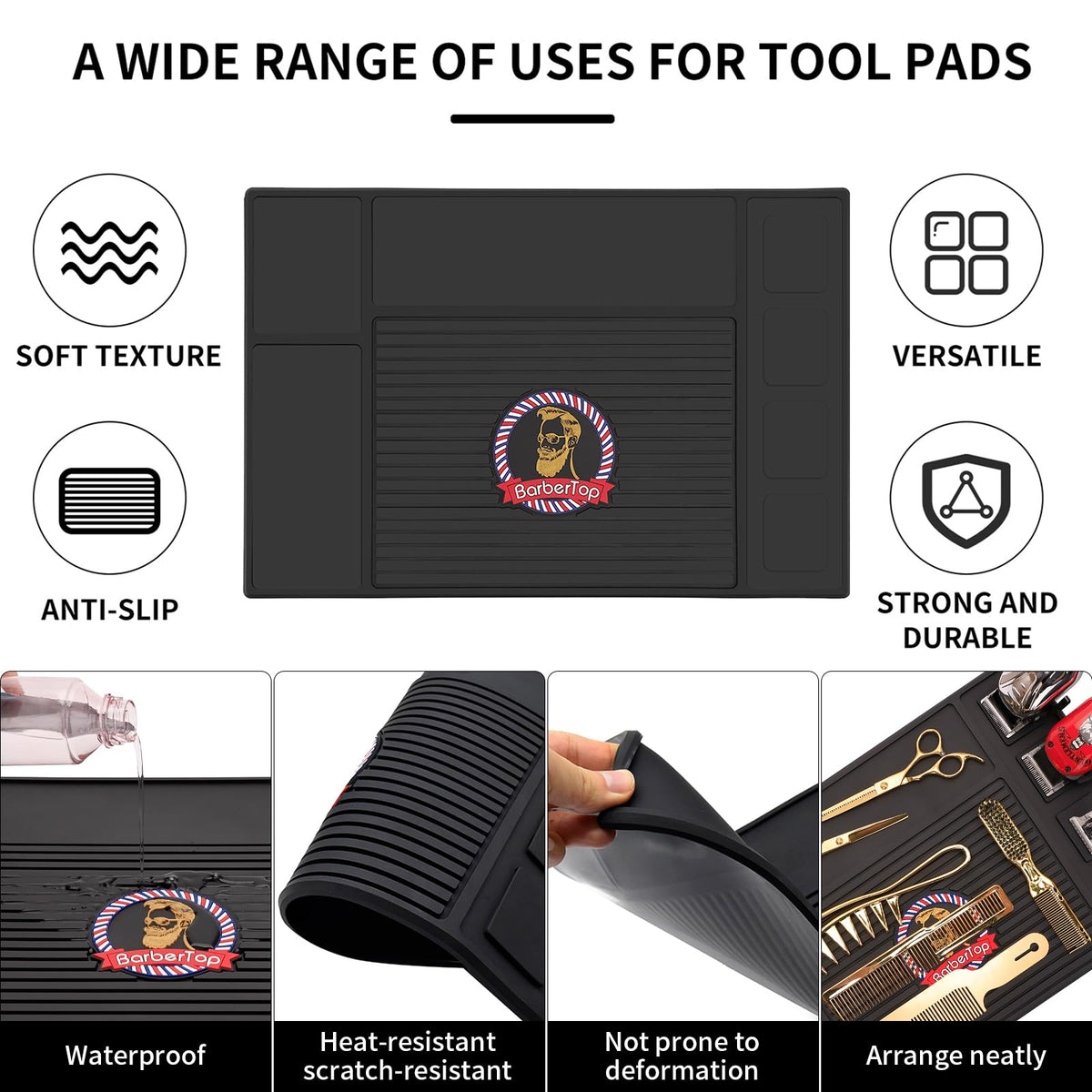 BARBERTOP mat clipper area secures clippers during sessions for smooth workflow.