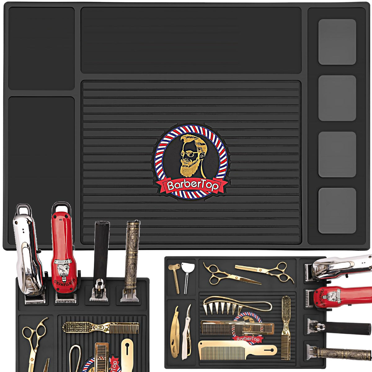 BARBERTOP magnetic barber mat with four magnets keeps tools organized and within reach.