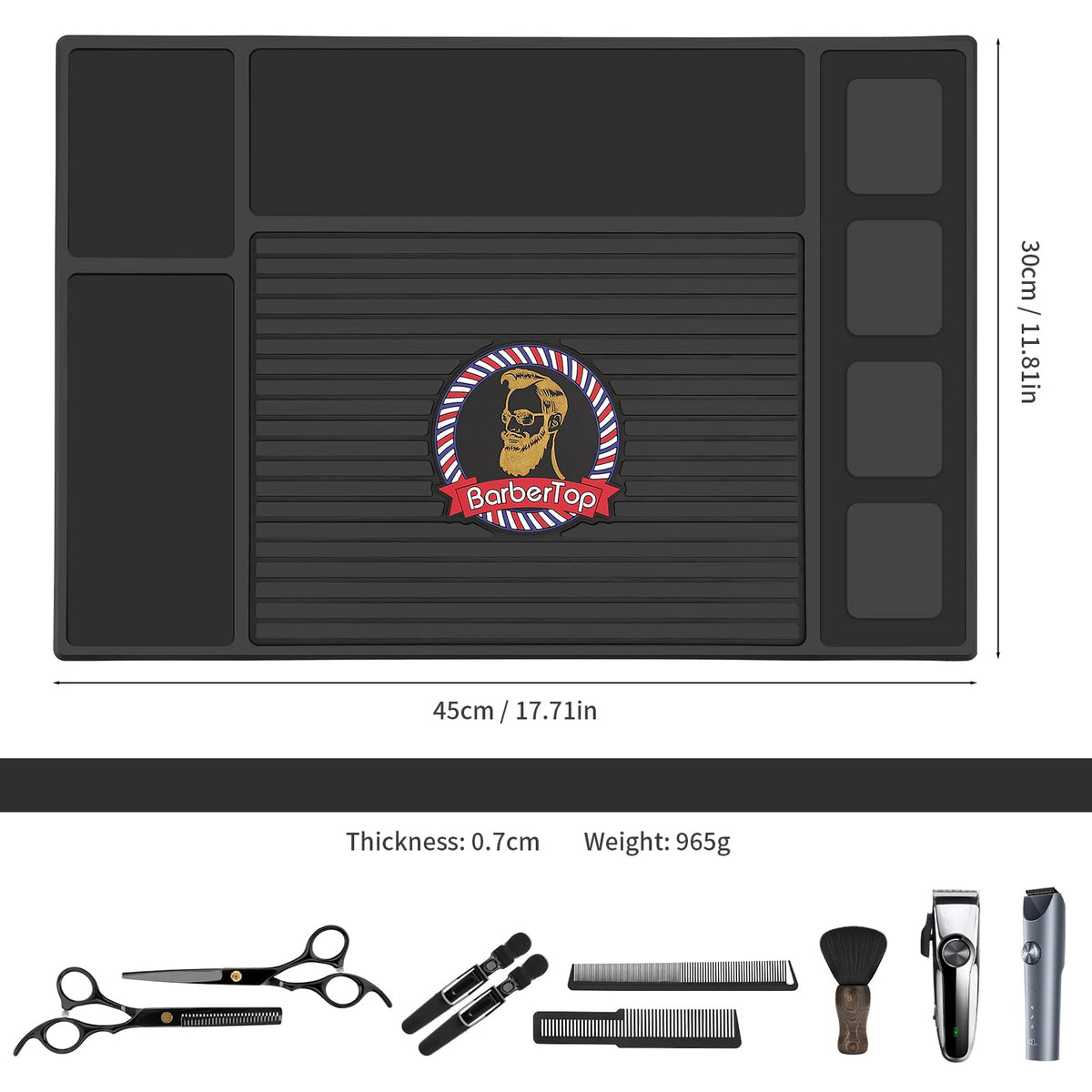 BARBERTOP mat features a non-slip base and raised edges.