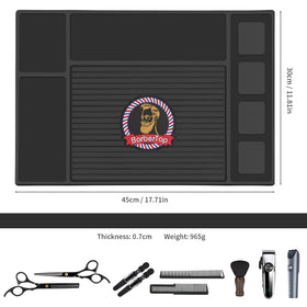 BARBERTOP mat features a non-slip base and raised edges.