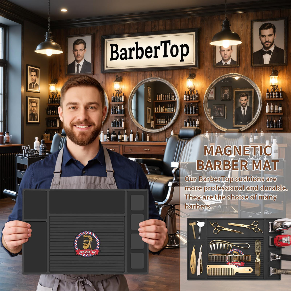 BARBERTOP mat accommodates spray bottles for tidy stations.