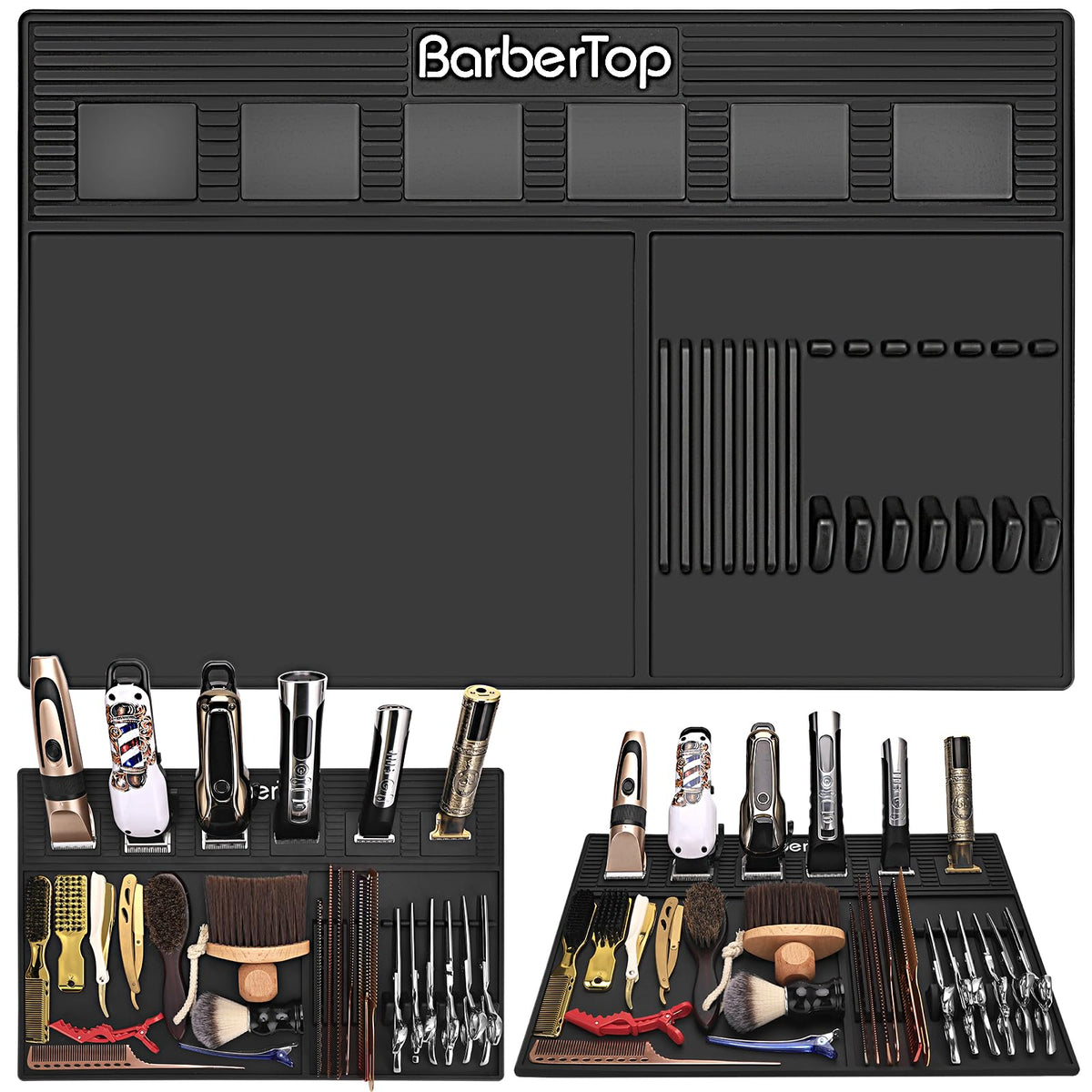 BARBERTOP magnetic barber mat securely holds clippers for a clutter-free station.