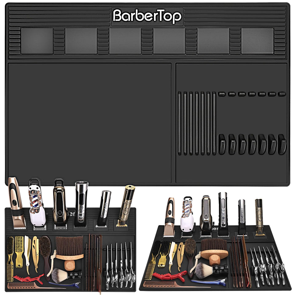 BARBERTOP magnetic barber mat securely holds clippers for a clutter-free station.