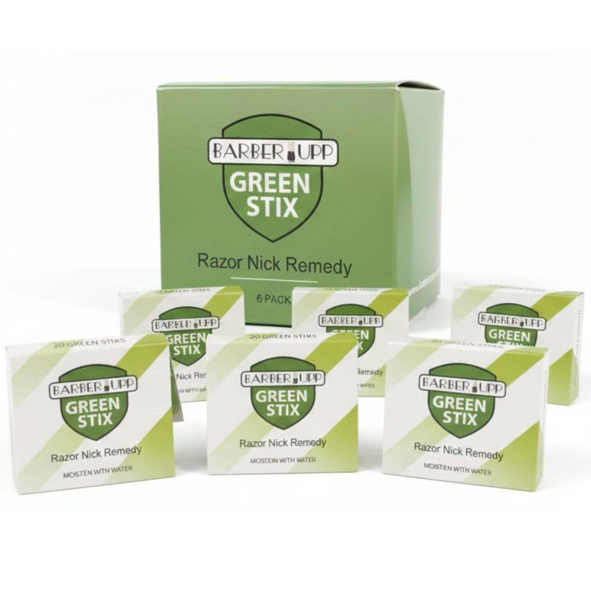 BARBERUPP styptic sticks six-pack box for quick nick control after shaving.