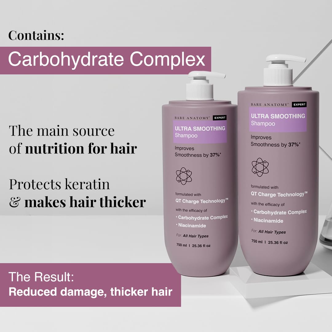 Bare Anatomy Ultra Smoothing Shampoo ingredients chart highlights carbohydrate complex and niacinamide