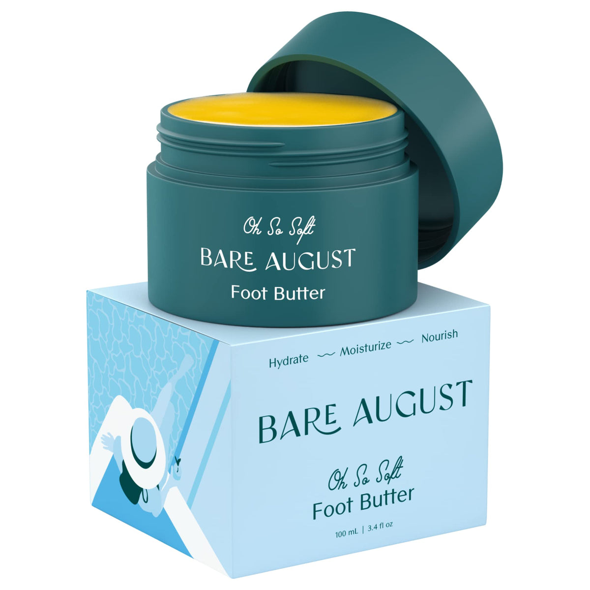 Bare August foot cream jar closeup highlighting rich hydration for dry feet.