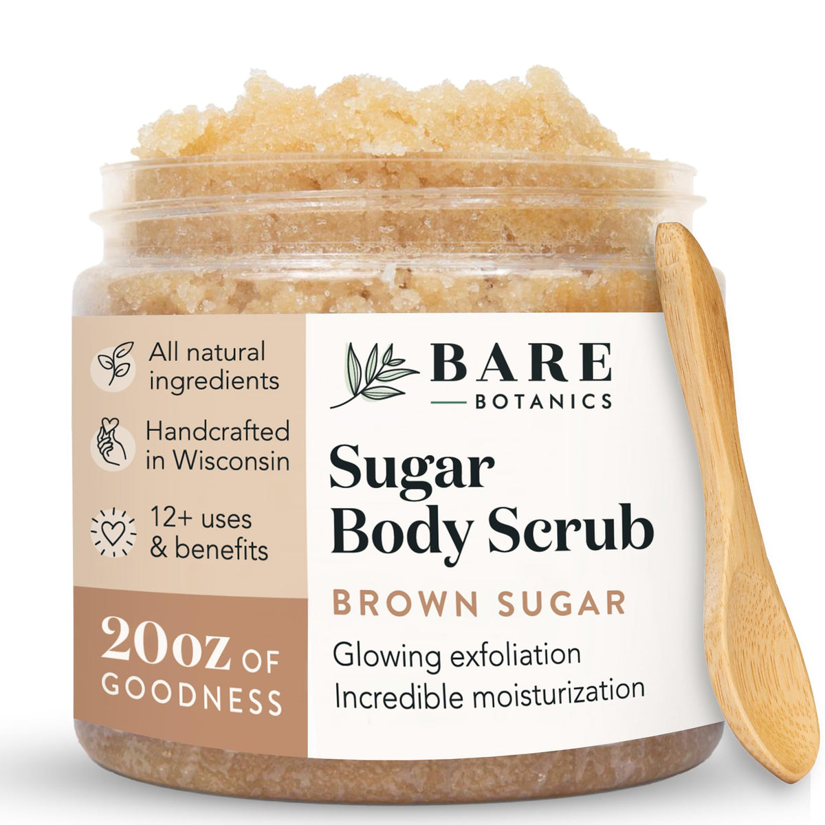Bare Botanics Brown Sugar Scrub jar with wooden spoon showing creamy coconut-vanilla texture for smooth skin
