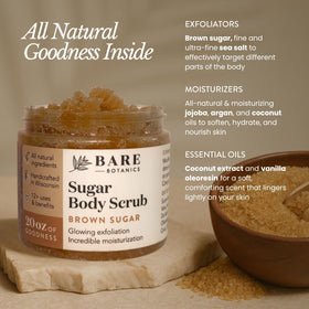 Bare Botanics scrub texture close-up highlights brown sugar exfoliation for radiant skin