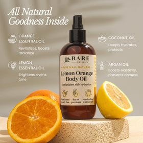 BARE BOTANICS Lemon Orange Body Oil label closeup highlighting natural ingredients
