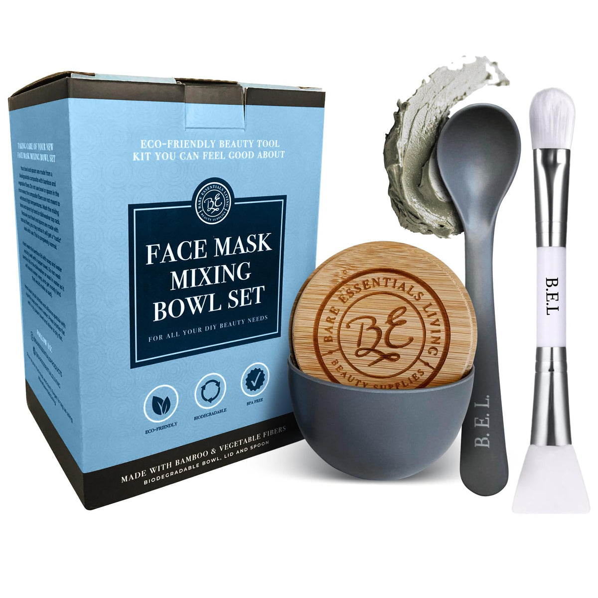 Bare Essentials Living clay mask bowl with bamboo lid for eco-friendly at-home facials.