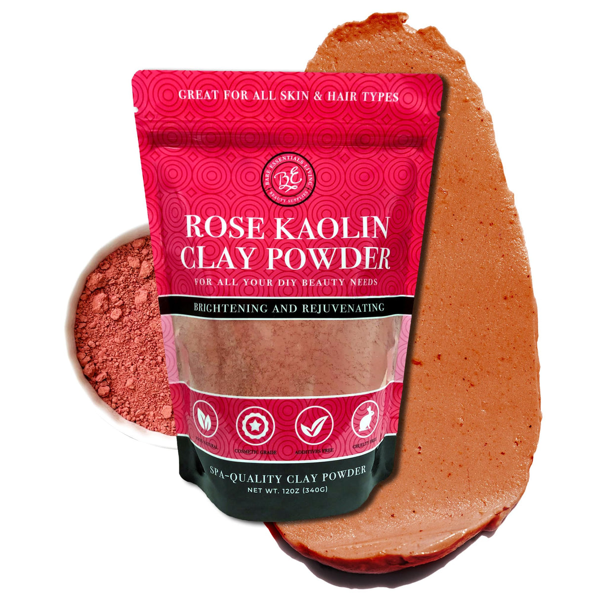 Bare Essentials Living Rose Kaolin Clay Powder pink face mask setup for smooth skin care