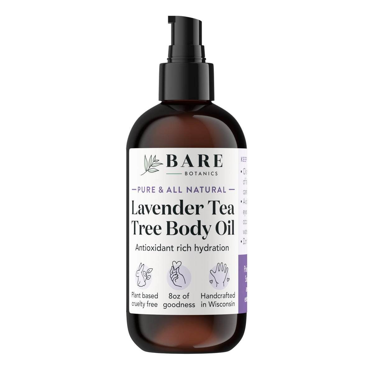 Bare Botanics Lavender Tea Tree Body Oil bottle showcases natural scent for daily moisture.