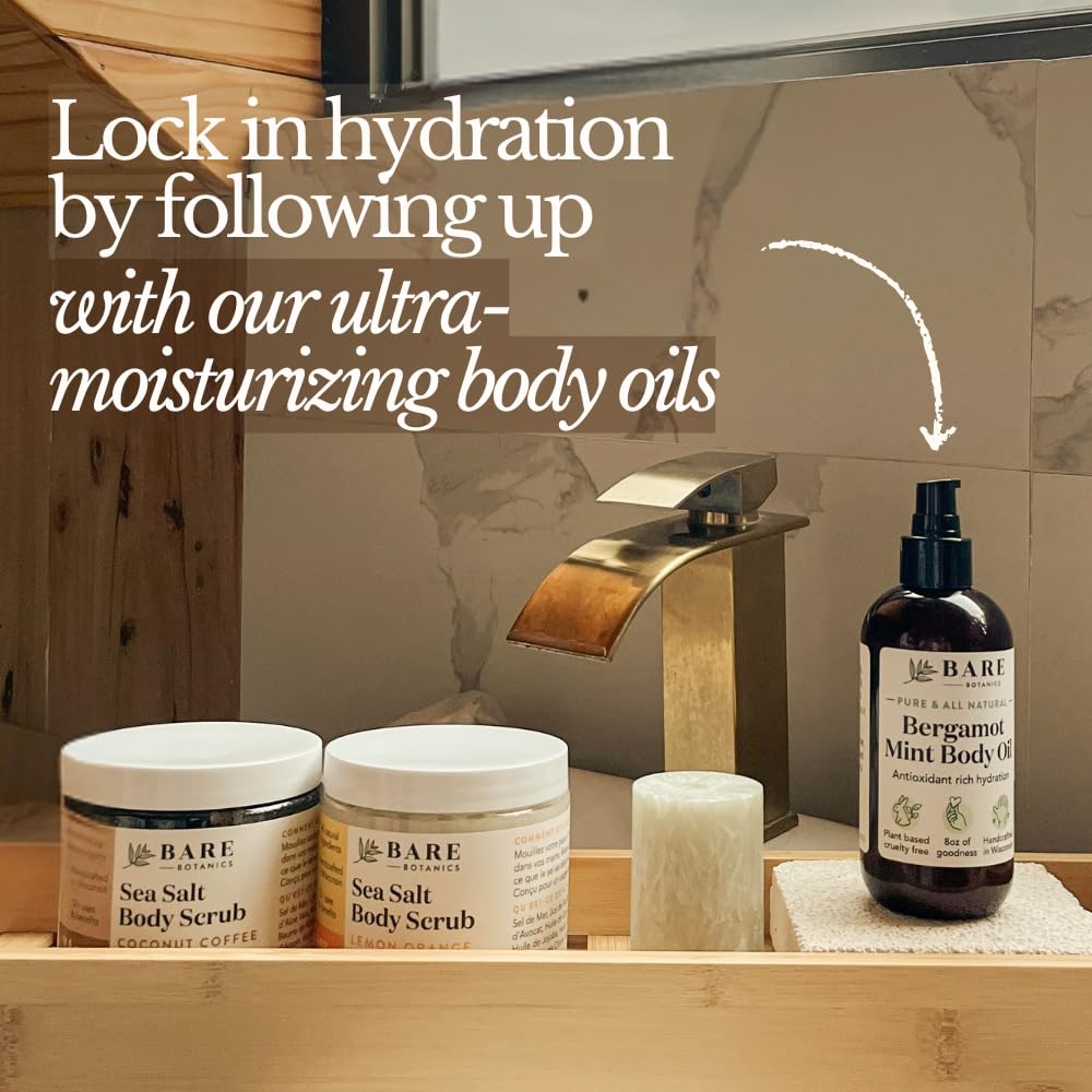 Bare Botanics Lemon Orange Scrub ingredients highlight nourishing oils for hydrated skin.