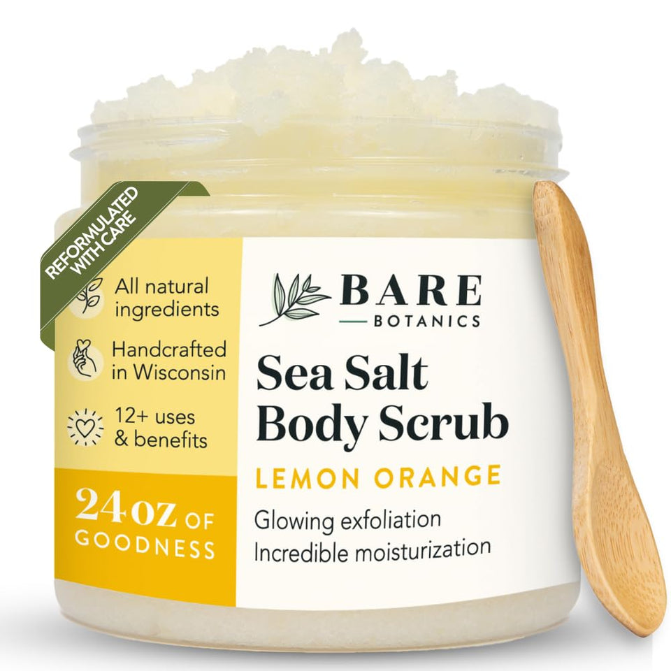 Bare Botanics Lemon Orange Scrub jar closeup showcasing citrus exfoliation for smooth skin.