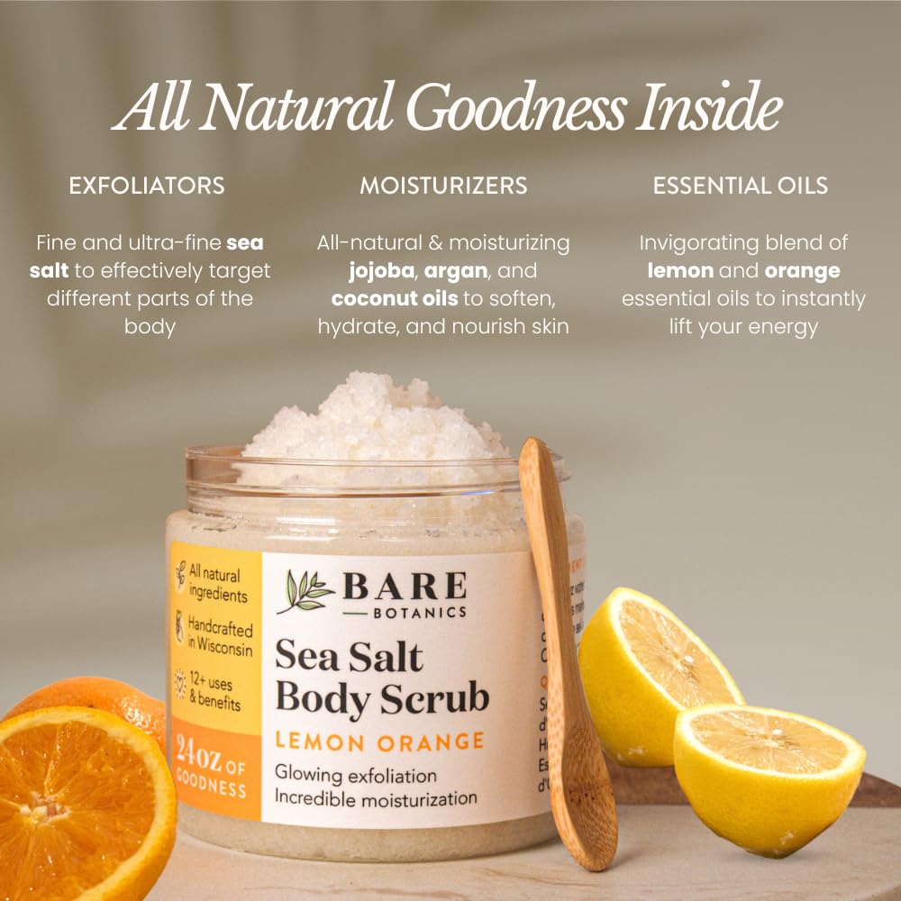 Bare Botanics Lemon Orange Scrub spoon inside highlights easy, even application.